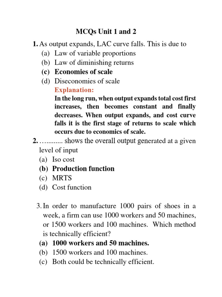MCQ Unit 1 & 2 - With Answers and Explanation | PDF | Average Cost ...