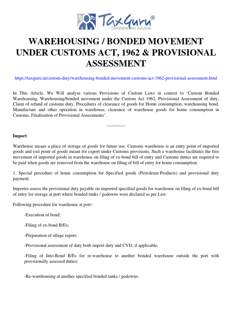 bonded-movement-under-customs-act-1962-provisional-assessment