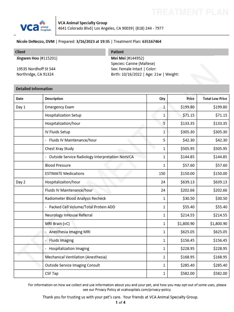 Treatment Plan VCA Animal Specialty Group PDF Hospital Serology