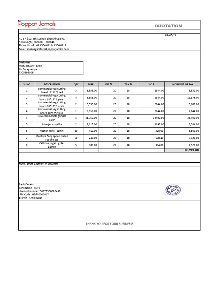 Quotation for Kitchen Equipment Order | PDF