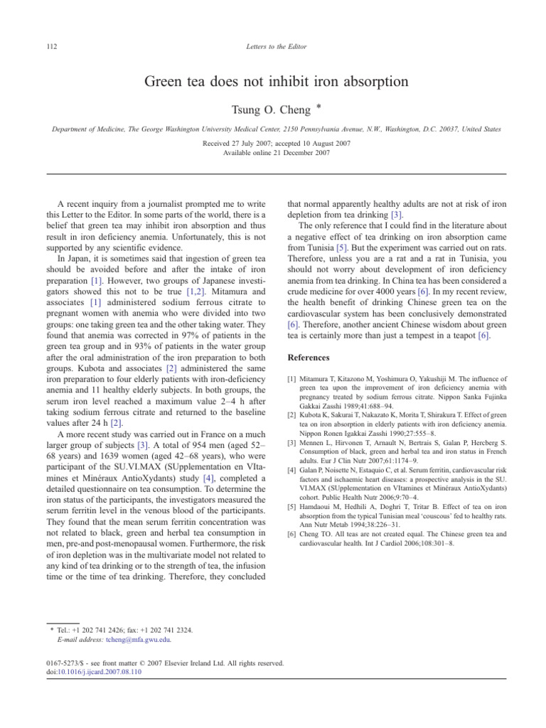 Green Tea Does Not Inhibit Iron Absorption PDF Iron Diseases And