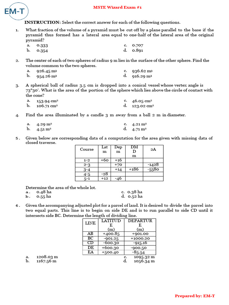 MSTE Wizard Exam: Geometry & Traffic Safety | PDF | Sphere | Area