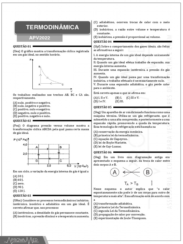 Questões de Termodinâmica e Gases Ideais | PDF | Termodinâmica | Calor