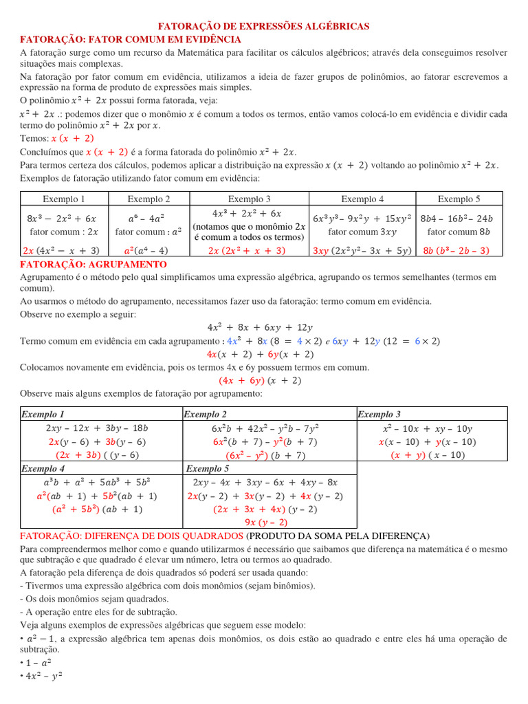 Fatoração de Expressões Algébricas | PDF | Álgebra | Matemática elementar