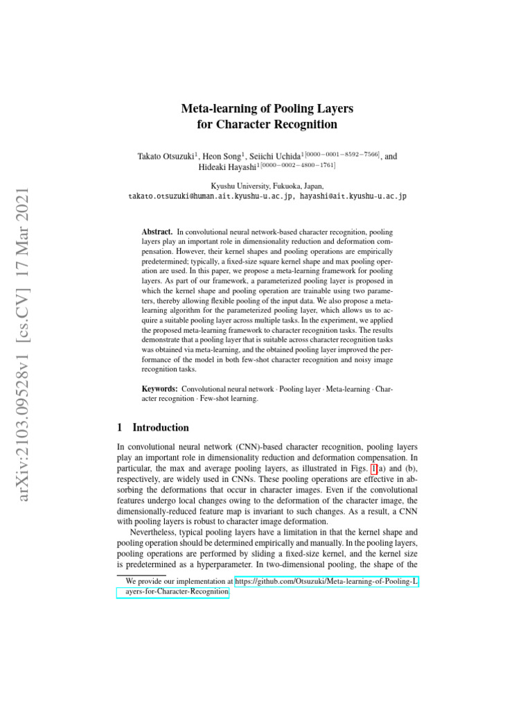 Meta learning of pooling layers for character reco download free pdf