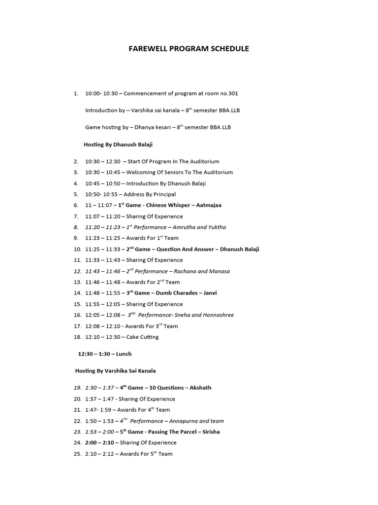 Farewell program schedule pdf