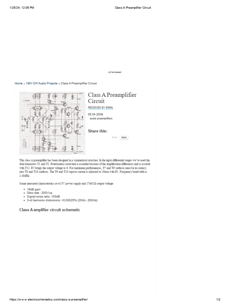 Class A Preamplifier Circuit Design | PDF