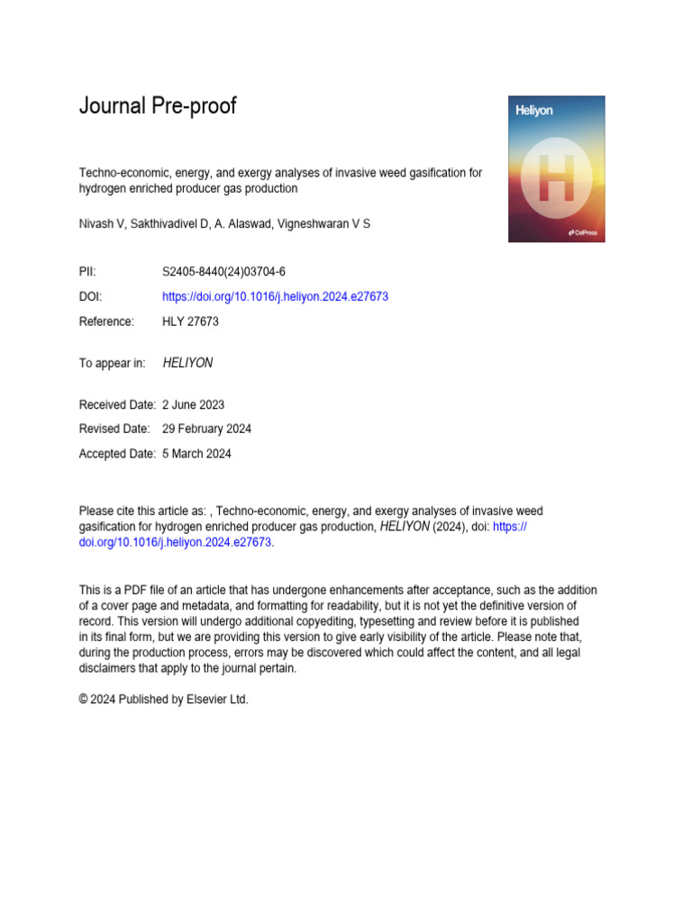 Weed Gasification for Hydrogen Production | PDF | Gasification | Exergy