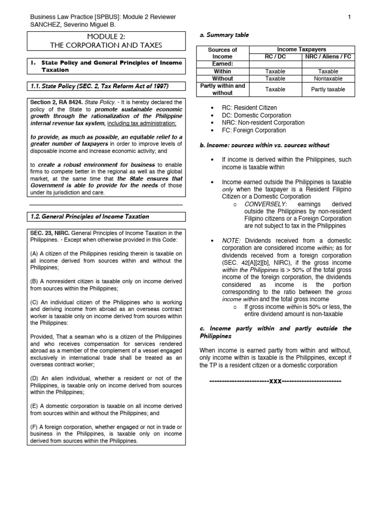 Corporation Taxation Principles in the Philippines | PDF | Taxes | Expense