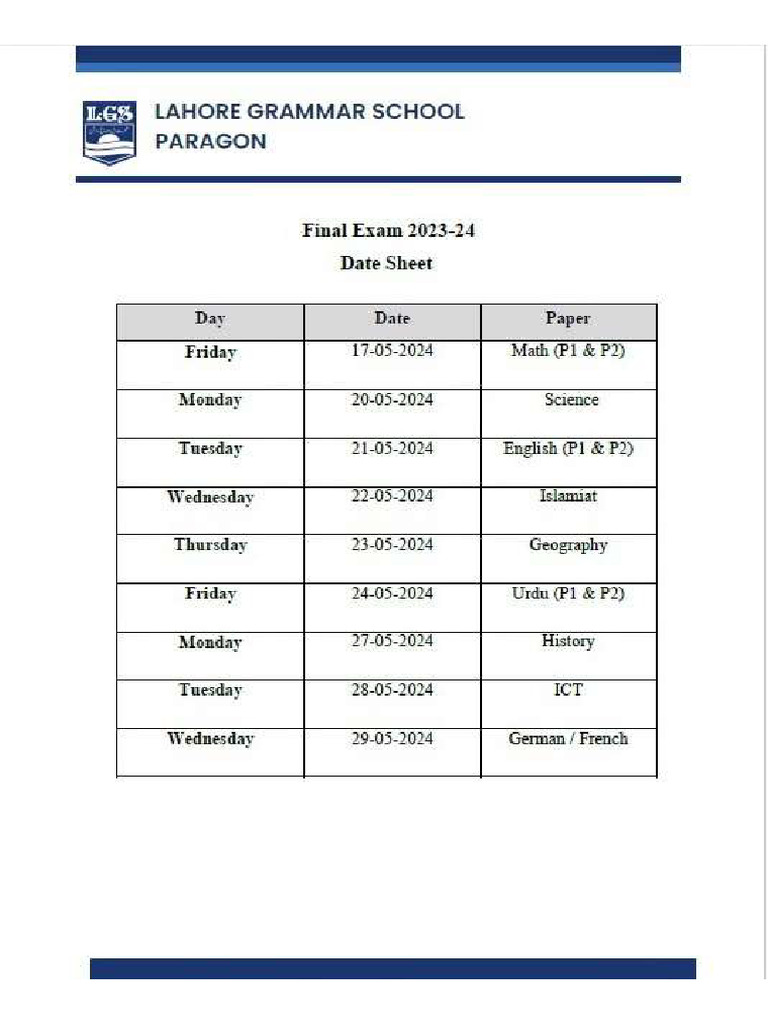 Final Exam 2023 24 Date Sheet Pdf