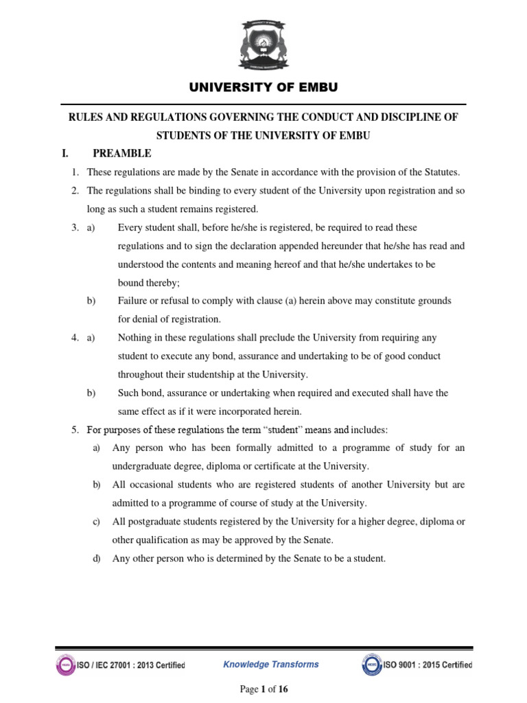 University of Embu Student Regulations | PDF | Cafeteria | Social Media