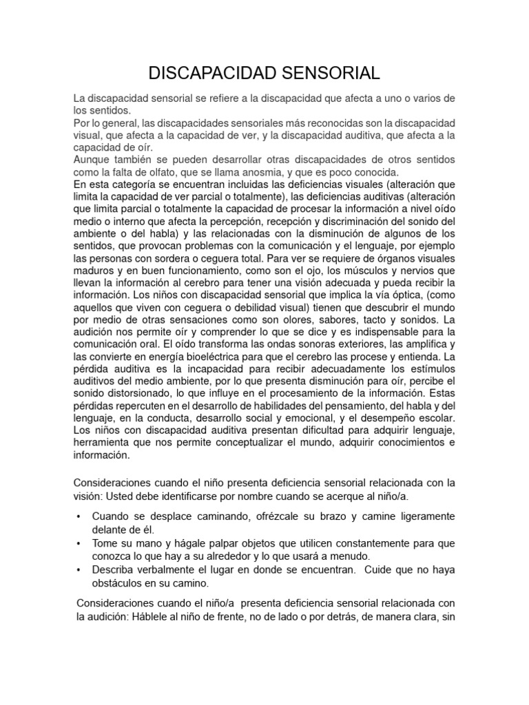 Tipos y Consideraciones de Discapacidad Sensorial | PDF | Escuchando ...