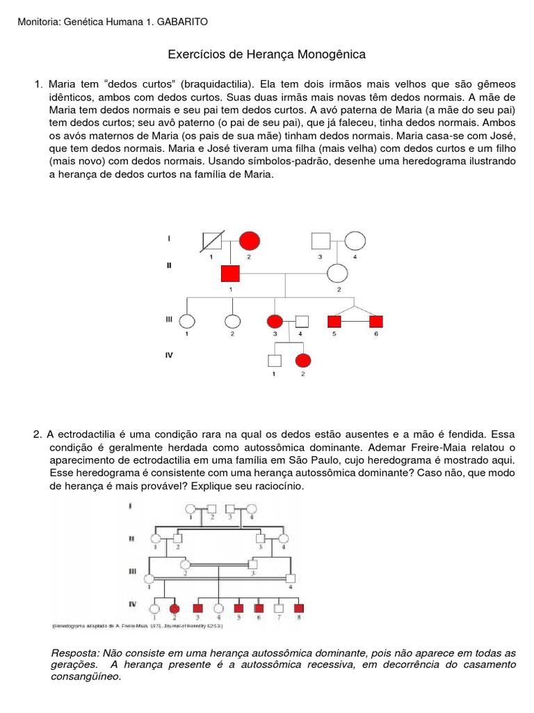 Exercício Padrões de Herança Monogênica - GABARITO | PDF | Dominância ...