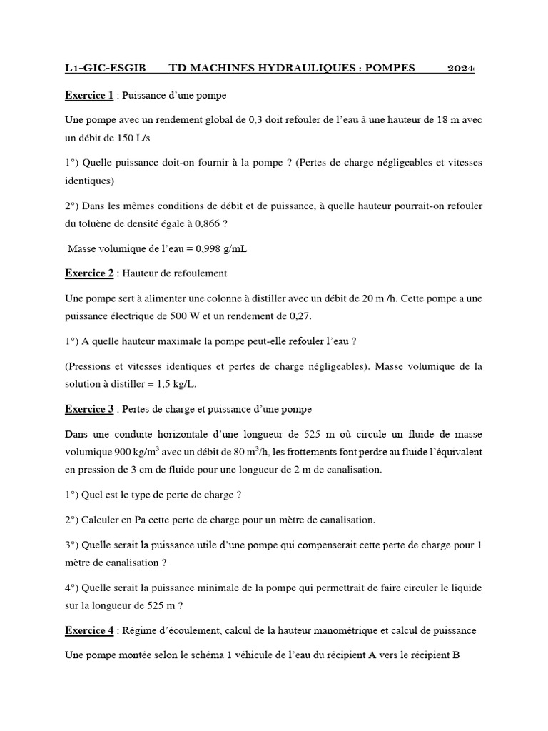 Calculs de puissance et pertes en pompes PDF Pompe Pression — free download
