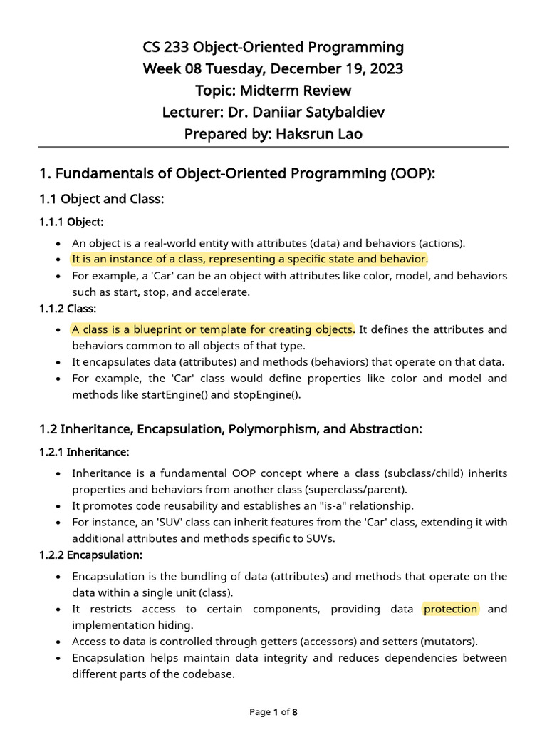 OOP Midterm Review: Key Concepts in Java | PDF | Inheritance (Object ...
