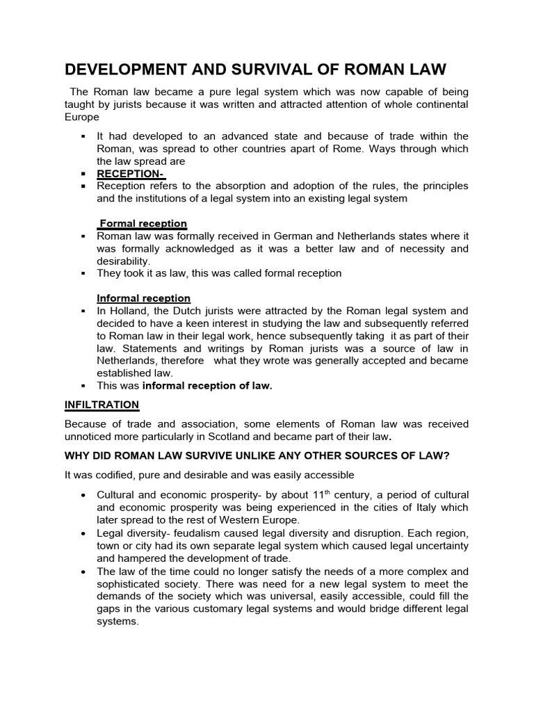 Lecture Two Development and Survival of Roman Law PDF Roman Law Netherlands