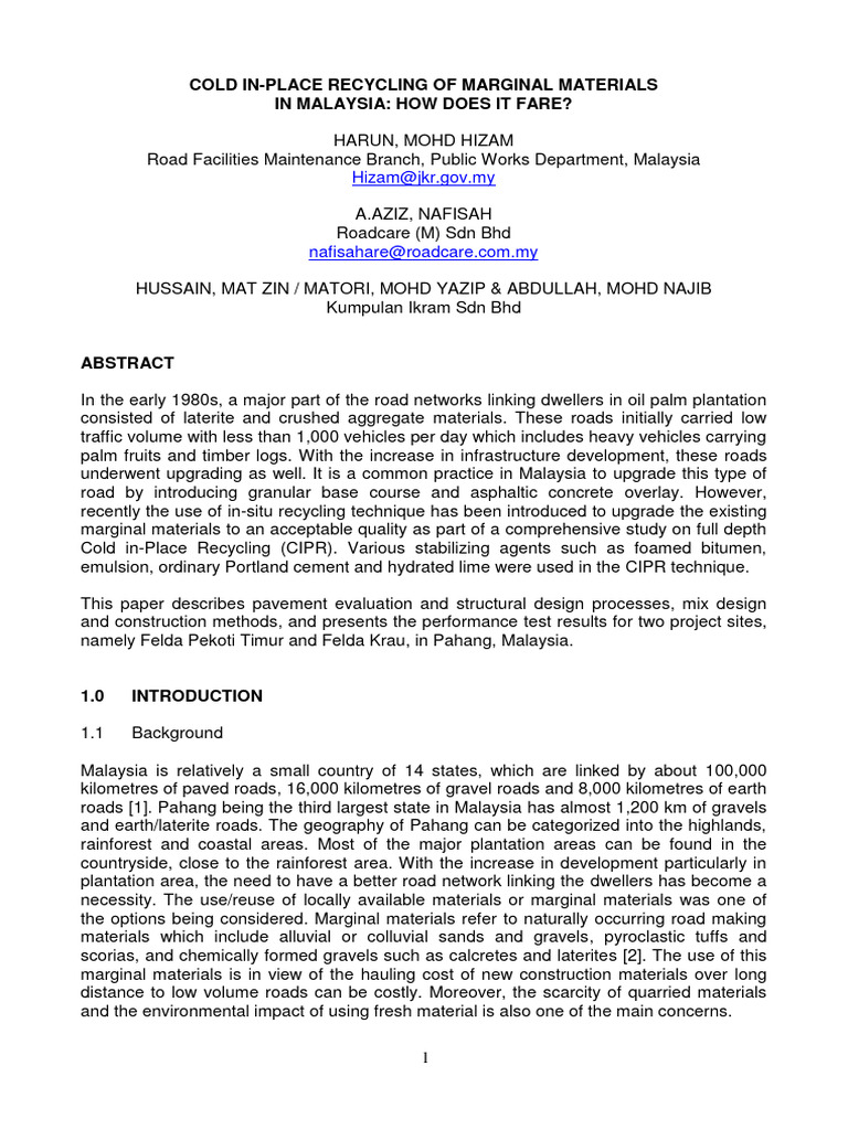 Cold In-Place Recycling of Marginal Materials in Malaysia: How Does It ...