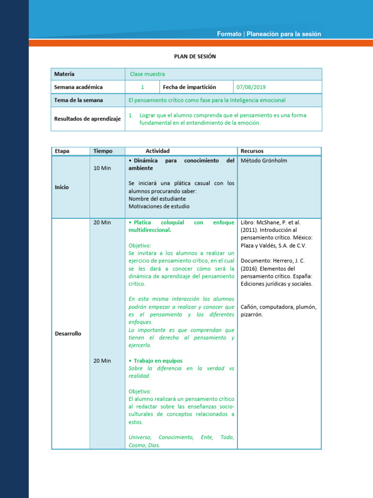 Plan de sesión: Pensamiento crítico y emociones | PDF | Pensamiento ...
