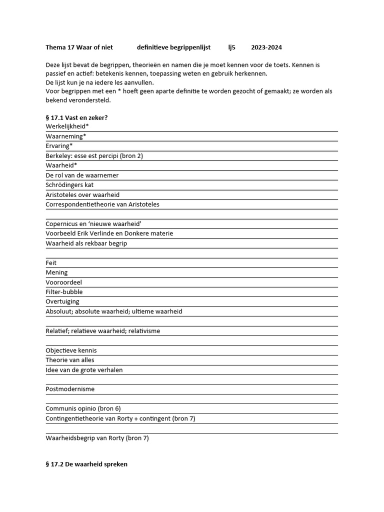 Thema 17 Waar Of Niet Begrippenlijst Definitieve Versie Lijnen 2023 