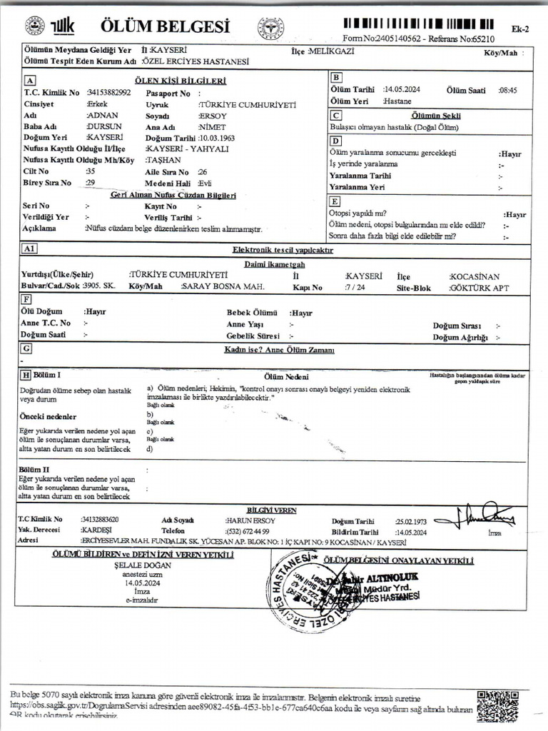 Adnan Ersoy ölüm Belgesi Pdf