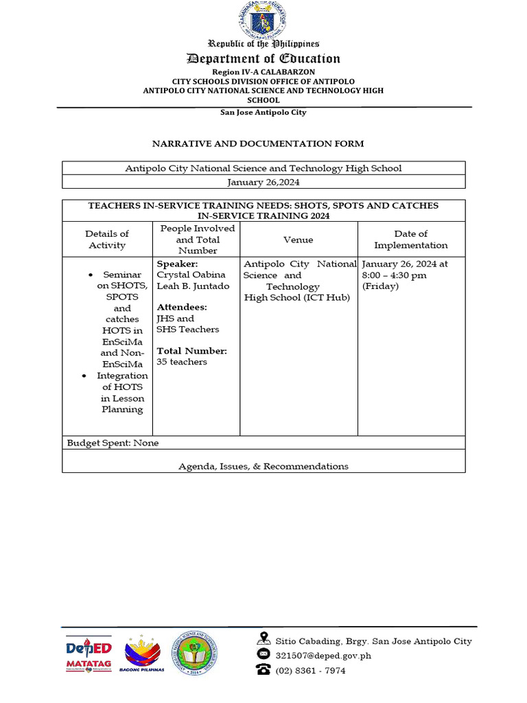 INSET Training for Antipolo Teachers 2024 | PDF | Lesson Plan | Teachers