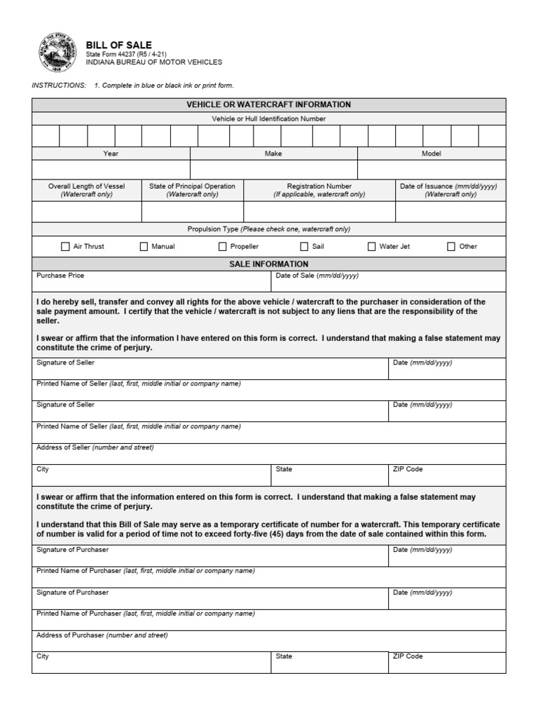 Bill of sale instructions 1 complete in blue or black ink or print