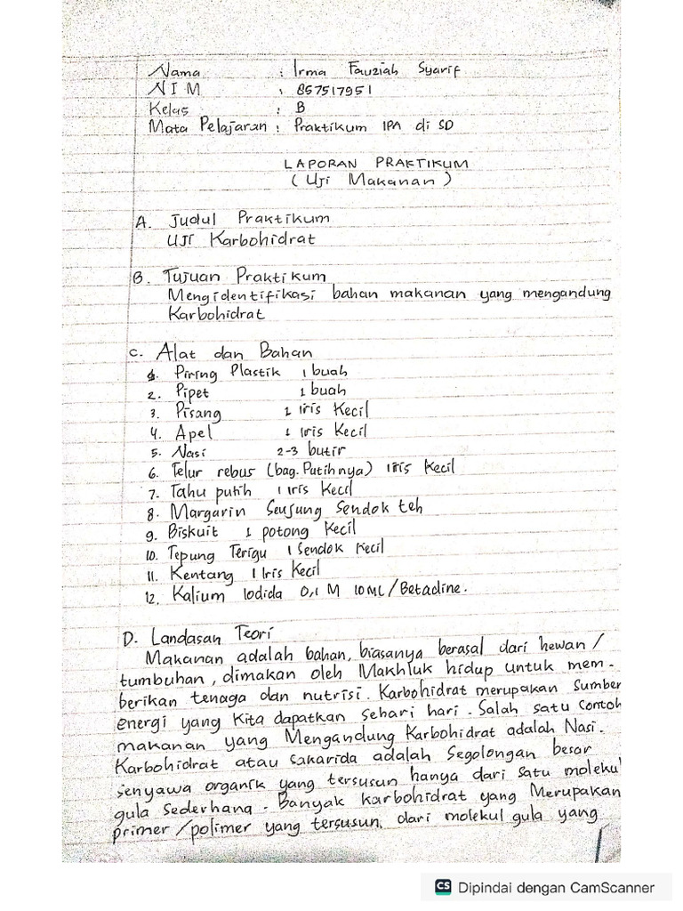 B Irma Fauziah 857517951 Uji Makanan Praktikum Ipa Pdf