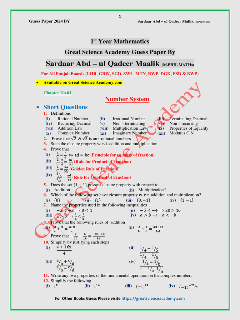 11th Guess Paper 2024 | PDF | Matrix (Mathematics) | Determinant