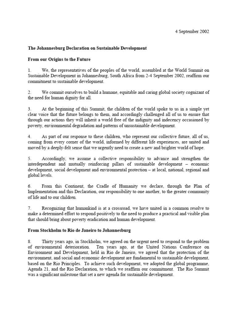 Johannesburg Conf Declaration 2002 | PDF | Sustainability | United Nations