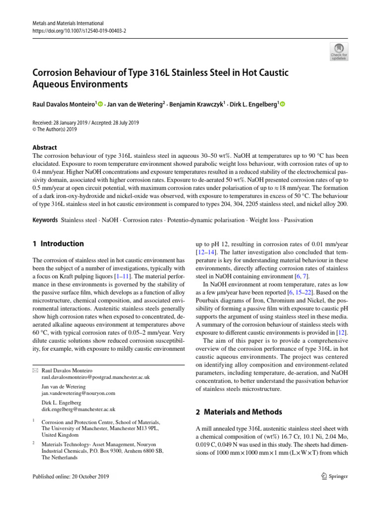 Corrosion Behaviour of Type 316L Stainless Steel in Hot Caustic Aqueous ...