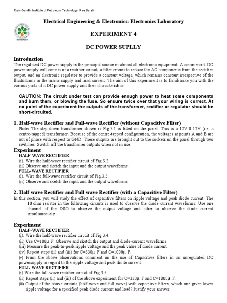 DC Power Supply Experiment Guide | PDF | Rectifier | Power Supply