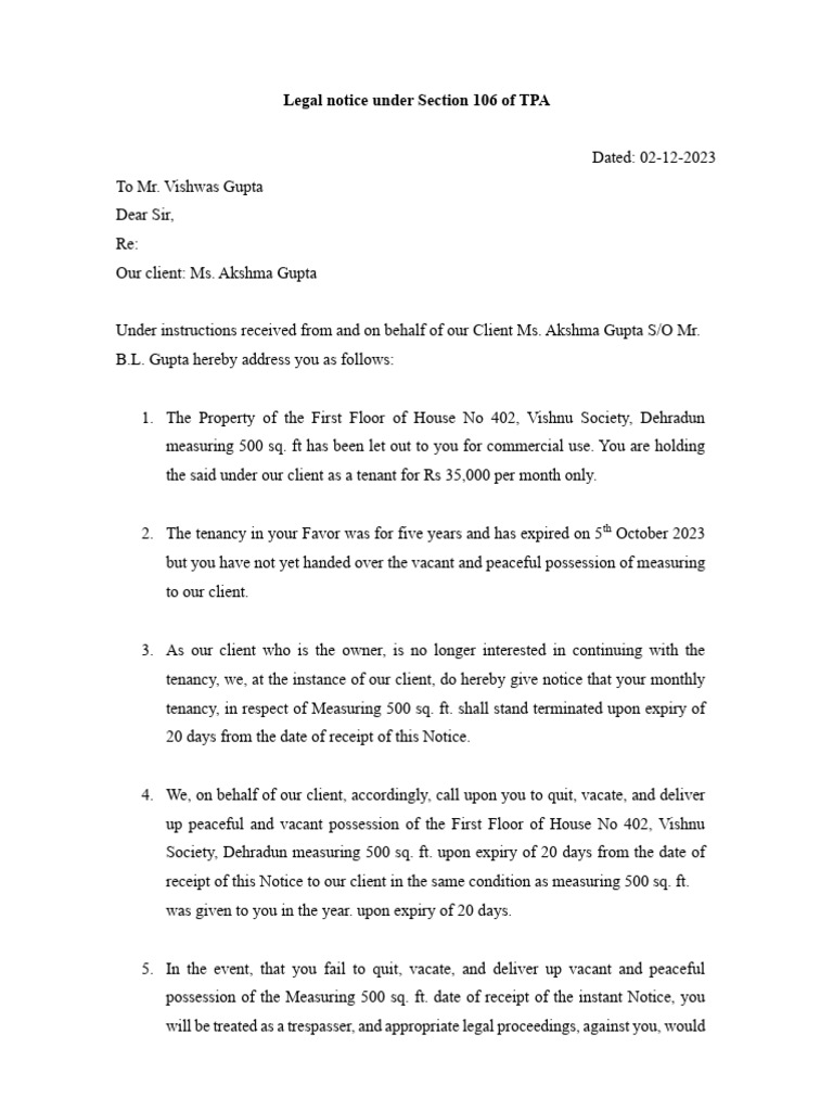 Legal Notice Under Section 106 of TPA PDF | PDF | Law