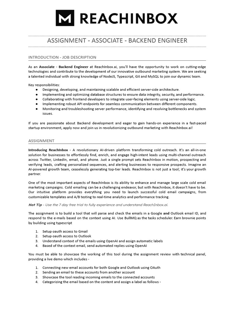 Associate Backend Engineer at ReachInbox | PDF | Microsoft Outlook ...