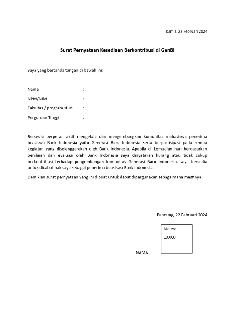 Surat Kesediaan Aktif Di GenBI | PDF