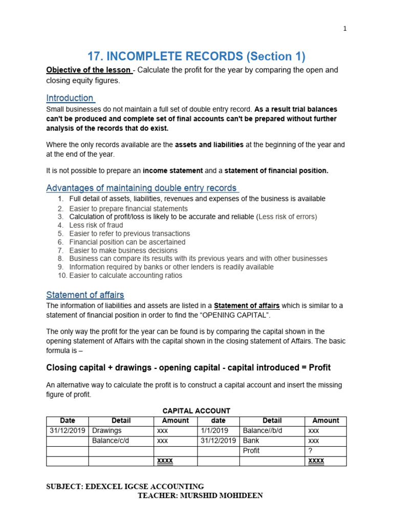 Incomplete Records: Profit Calculation Guide | PDF | Balance Sheet ...