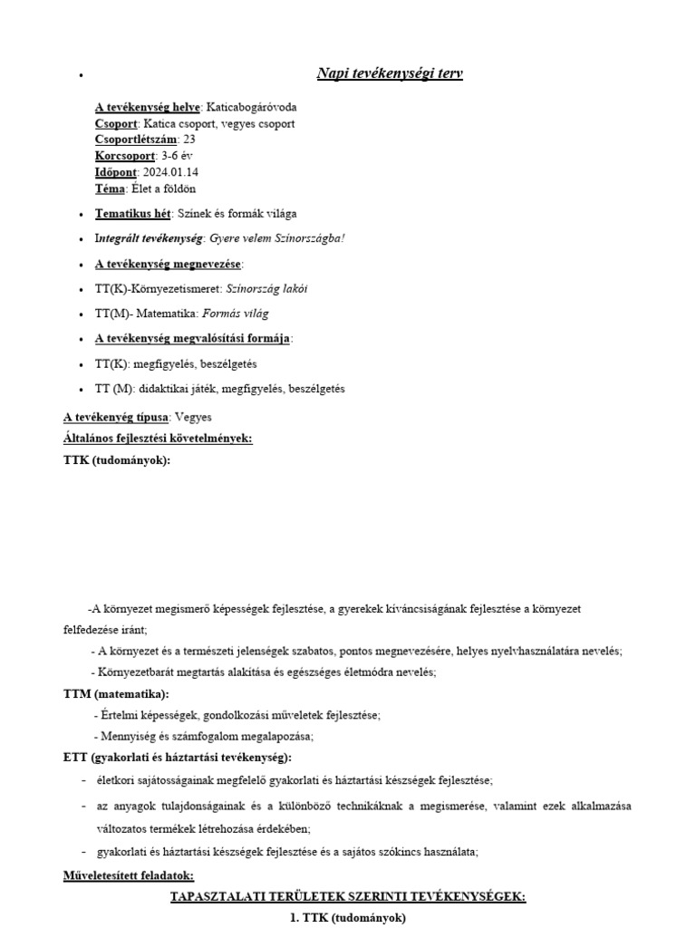 Napi Tevékenységi Terv | PDF
