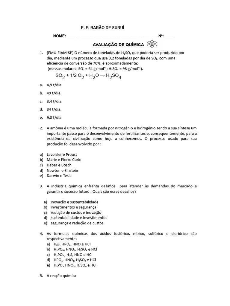 Avaliação de Química: Questões e Respostas | PDF