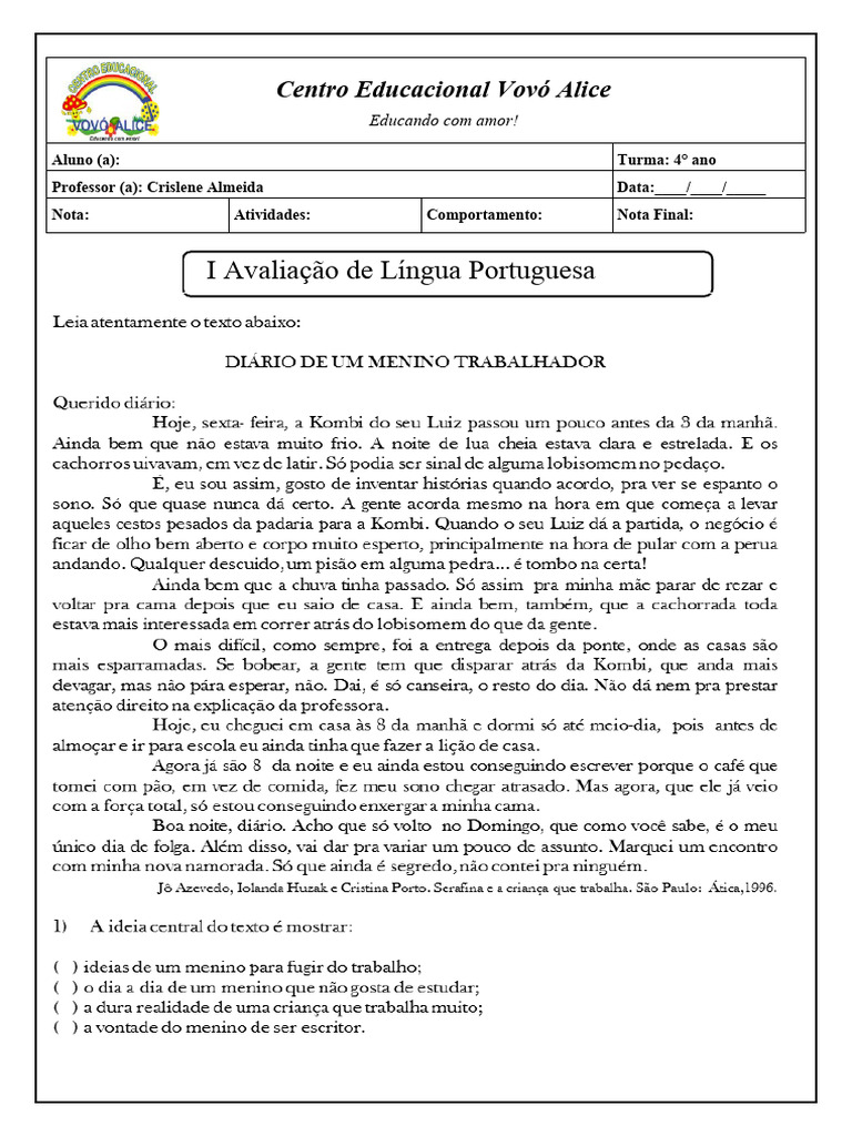 Avaliação de Português 4º Ano | PDF | Artes Linguísticas e Disciplina