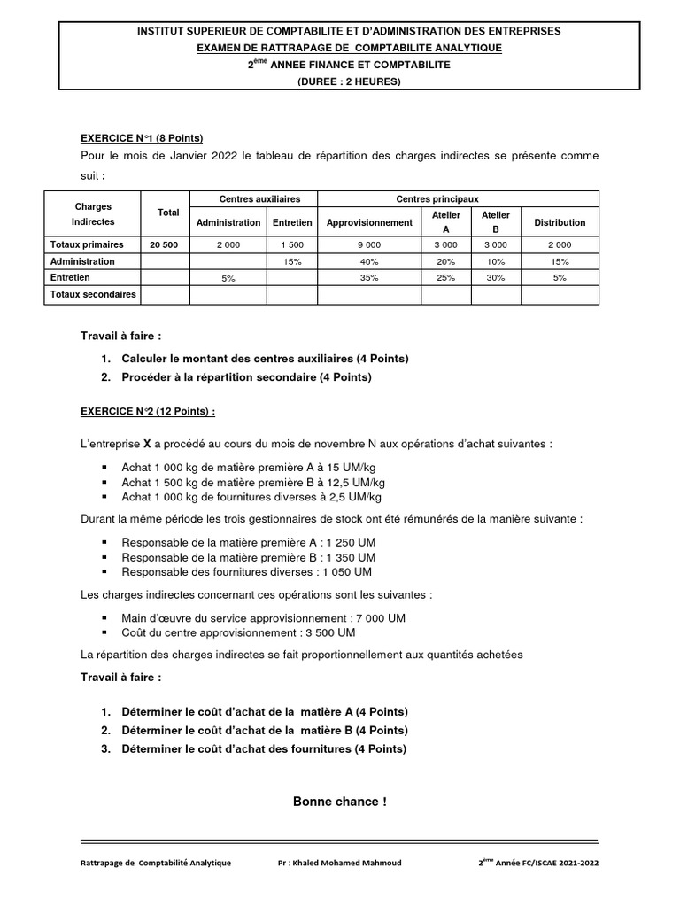 Rattrapage Comptabilité Analytique 2022 | PDF | Comptabilité | Économie