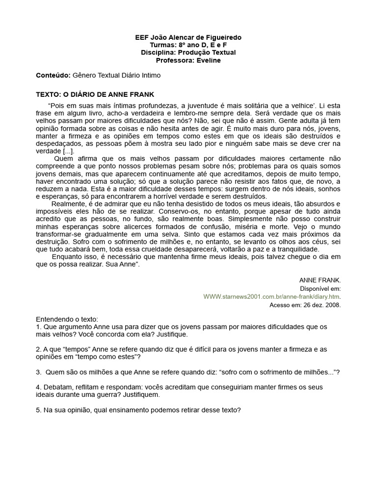 Atividade de Produção Textual 8º ano | Download grátis PDF | Verdade