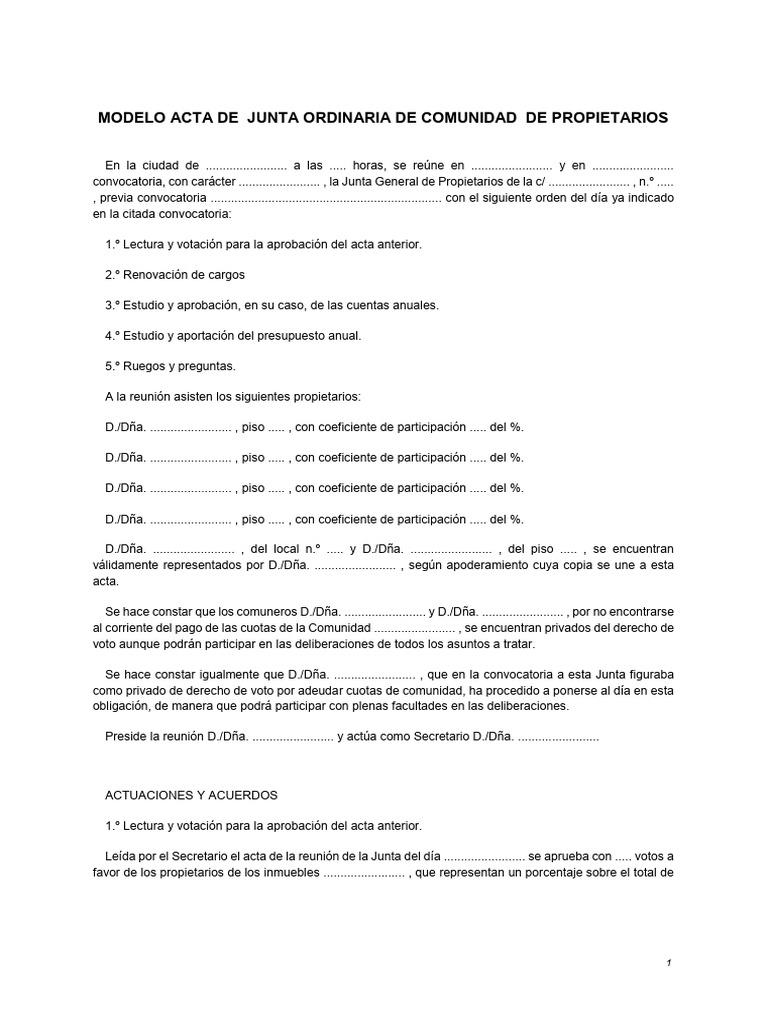 Modelo de acta de junta ordinaria de comunidad de propietarios pdf