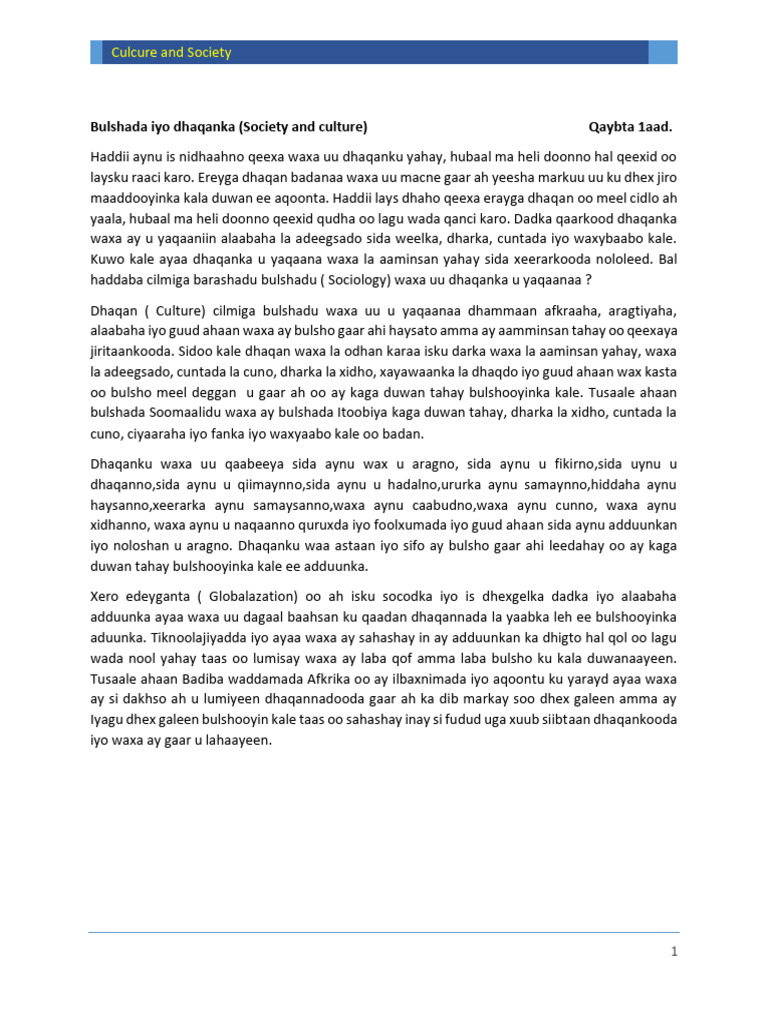 Bulshada Iyo Dhaqanka | PDF