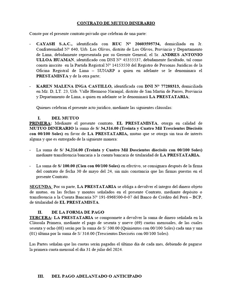 Contrato de Préstamo de Dinero 14may2024 | PDF | Finanzas y dinero ...
