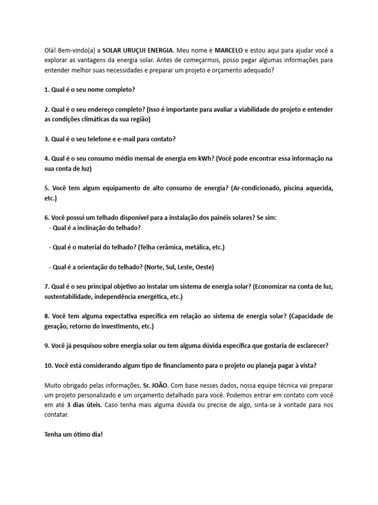 Consulta para Projeto Solar Personalizado | PDF