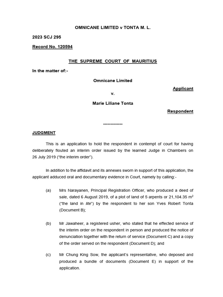 Omnicane Ltd v Tonta M.L. Contempt Case | PDF | Contempt Of Court | Justice