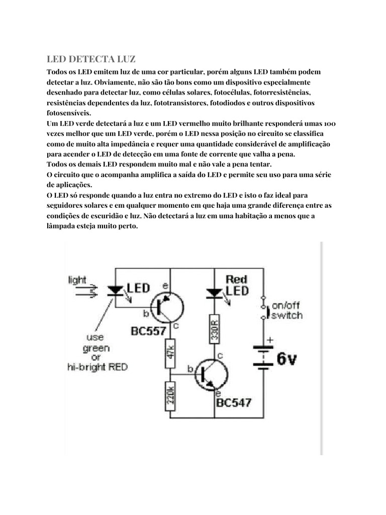 Circuito Detecta Luz | PDF | Diodo emissor de luz | Rede elétrica