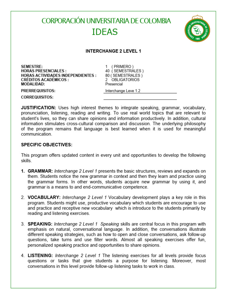 Interchange 2 Level 1 Pdf Vocabulary English Language