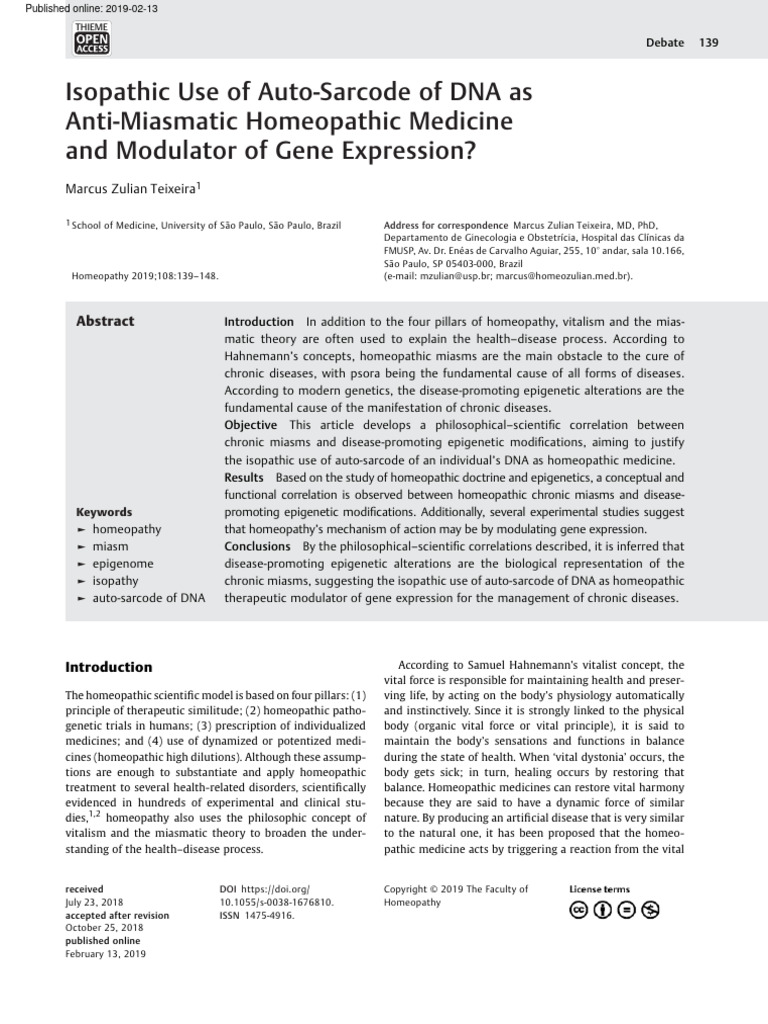 Art TEIXEIRA Isopathic Use of AutoSarcode of DNA As AntiMiasmatic 2019 ...