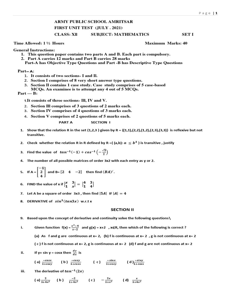 Class 12 Mathematics Unit Test Paper | PDF | Linear Algebra ...