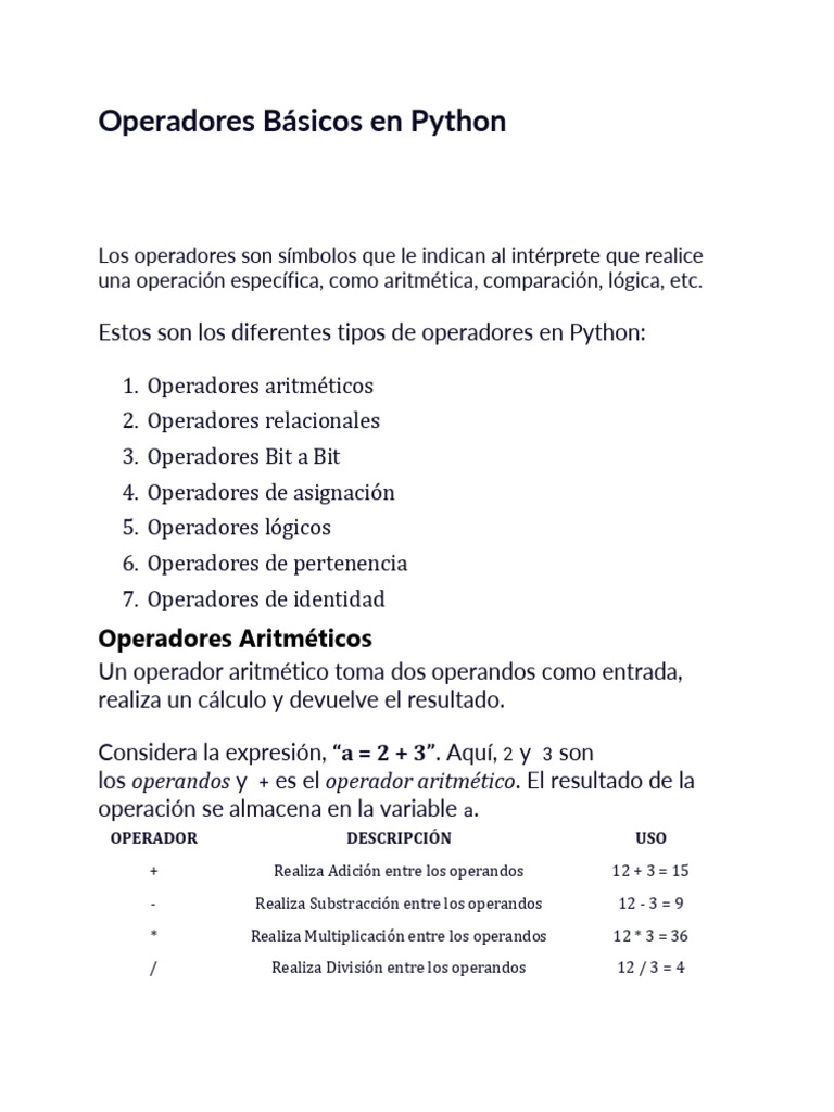Operadores Básicos en Python | Descargar gratis PDF | Poco | Python ...